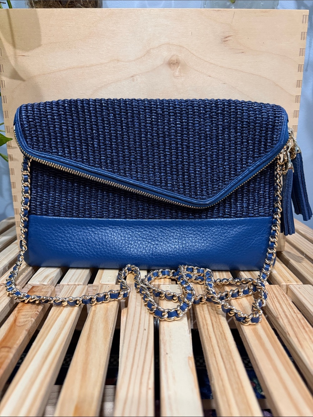 Henri Bendel Blue Woven Leather Trim Clutch Crossbody Bag Gold Chain